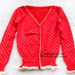Coat-017 เสื้อคลุมไหมพรม Cardigan สีแดง ลายจุด Polka dot สีขาว แต่งแถบสีขาวชายเสื้อ สวยอินเทรนด์ต้อนรับอากาศเย็น สวยสดใส น่ารักมากๆค่ะ