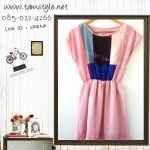 Dress063-เดรสแฟชั่น เดรสผ้าชีฟองสีชมพู จั้มเอว ด้านบนลายผ้าต่อ กระโปรงมีซับ อก 36 ((เดรสแฟชั้นพร้อมส่ง)) 