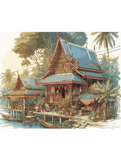 RCG006 ภาพระบายสีตามตัวเลข "เรือนไทยริมคลอง"