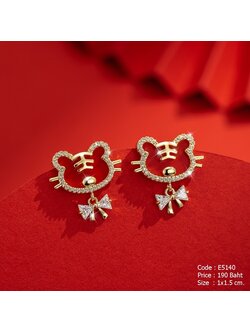 ต่างหูเสือสีแดง ขอบทองฝังเพชร ตุ้งติ้งโบว์คริสตัล