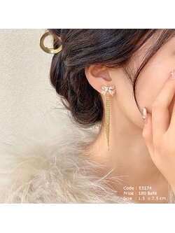 ต่างหูโบว์สีทองฝังเพชร cz ห้อยโซ่ยาว แยกใส่เฉพาะโบว์ได้