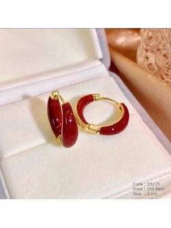 ต่างหูห่วงทอง เคลือบอินาเมลสีแดงเลือดนก