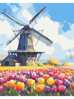 RCG008 ภาพระบายสีตามตัวเลข "กังหันลมกลางทุ่งดอกไม้"