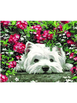 CG4279 ภาพระบายสีตามตัวเลข "หมาน้อยในพุ่มดอกไม้"