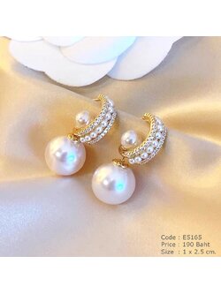 ต่างหูห่วงฝังมุกและเพชร cz ห้อยมุก ตัวเรือนสีทอง