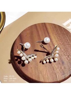 ต่างหูมุก ใส่แบบซ้อนใต้ติ่งหู ทรงสามเหลี่ยมฝังเพชร cz