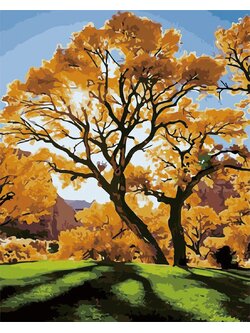 CG4020 ภาพระบายสีตามตัวเลข "ต้นไม้สีทองบนเนินเขา"