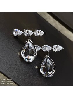 ต่างหูทรงยาว คริสตัลคิวบิกรูปหยดน้ำ กรอบเงิน งานพรีเมี่ยม
