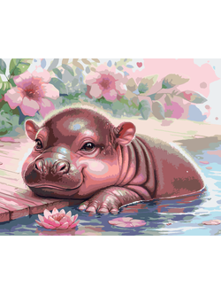 RC023 ภาพระบายสีตามตัวเลข "ฮิปโปน้อยเล่นน้ำ"