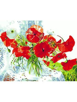 CG4689 ภาพระบายสีตามตัวเลข "ดอกไม้แดงในแจกันแก้ว"