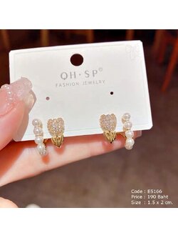ต่างหูครอป ดอกทิวลิปสีทองฝังเพชรcz แต่งมุก