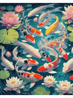 RCG011 ภาพระบายสีตามตัวเลข "ปลาคาร์ฟในบ่อบัว"