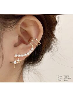 ต่างหูเจาะ+เกี่ยวหู แต่งมุก ปลายดาวกระจายสีทอง