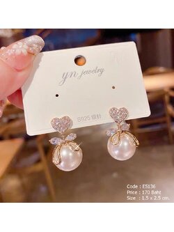 ต่างหูหัวใจฝังเพชร ตุ้งติ้งมุก