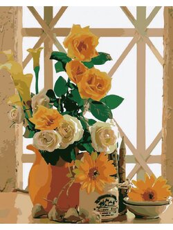 CG0572 ภาพระบายสีตามตัวเลข "แจกันกุหลาบเหลืองริมหน้าต่าง"