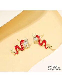 ต่างหูมังกร ตังเรือนสีทองเคลือบอินาเมลสีแดง ฝังเพชรcz