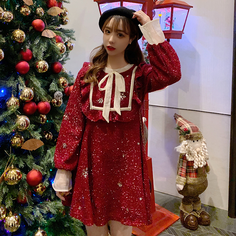 พร้อมส่ง IN32212 🎈 Chirstmas dress เดรสแขนยาวคอปกแต่งกลิตเตอร์สวยมาก
