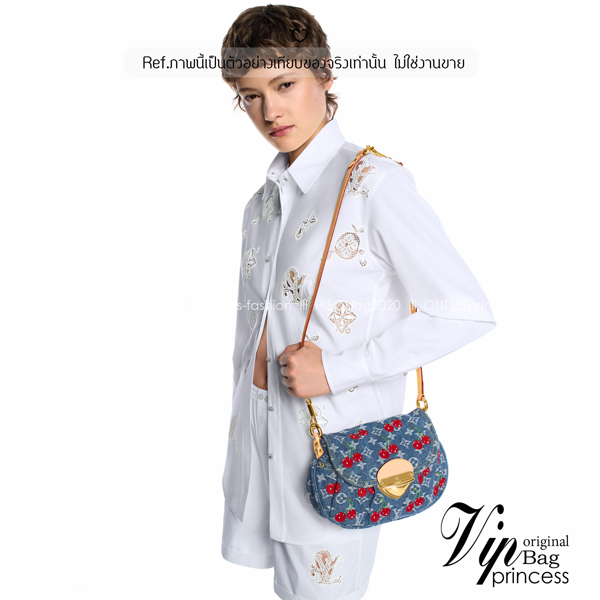 ORI หนังแท้ | LV x TM Sunset bag Monogram cherry denim กระเป๋าถือไอเท็มโดดเด่นมีชีวิตชีวา เดนิมปักลายเชอร์รี่สีสันสดใสสะดุดตาสะท้อนสไตล์ไอคอนิก