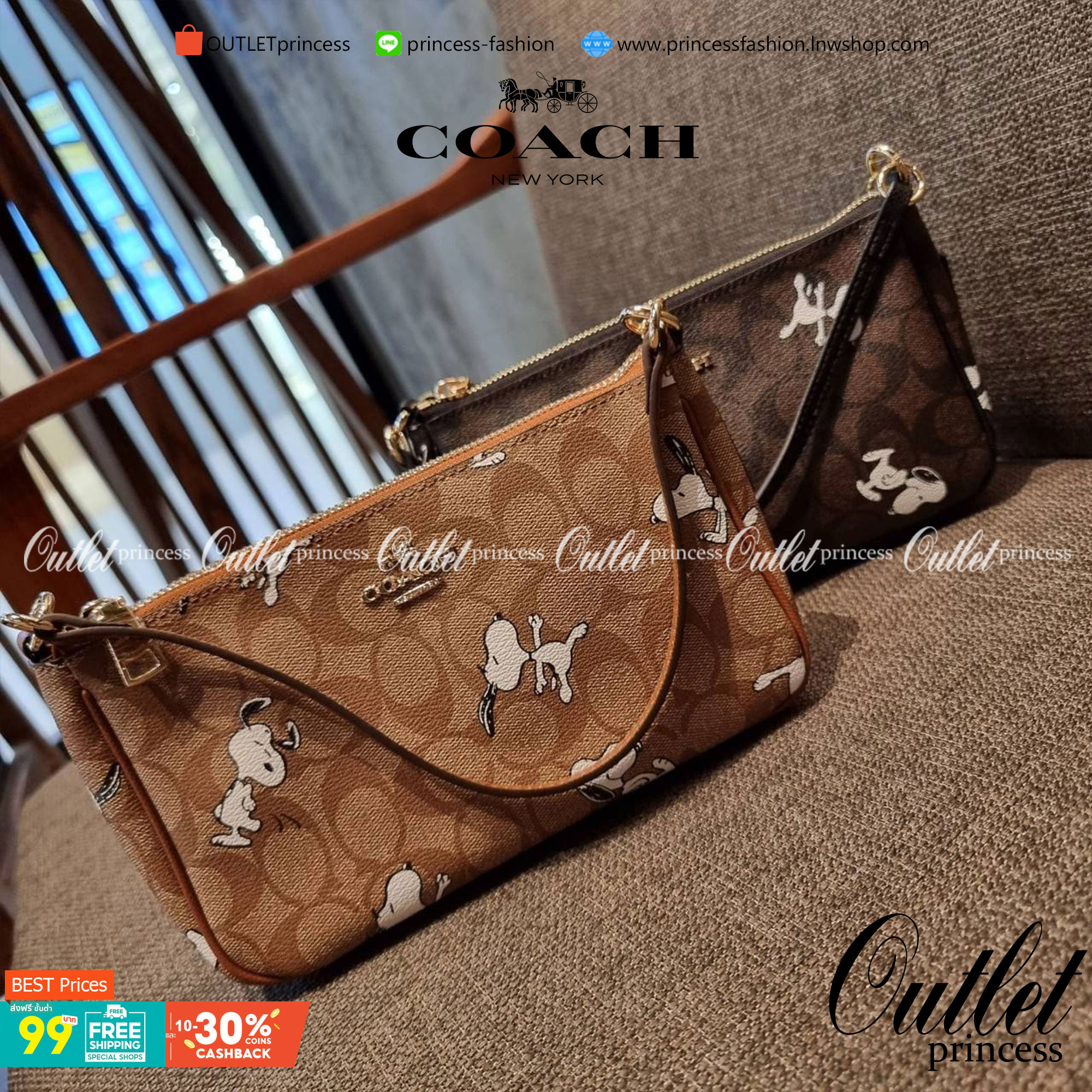 COACH F36674 TOP HANDLE POUCH IN SIGNATURE WITH SNOOPY PRINT คอลเลคชั่นใหม่ ในสไตล์พอช มาให้ช้อปก่อนใครในไทยจ้า น่ารักน่าใช้ไปอีกกับกระเป๋าสะพายทรงฮิตตลอดกาล ด้วยดีไซน์ที่ออกมาให้ใช้งานได้ง่าย ขนาดกำลังเหมาะ วัสดุแคนวาสทนทาน ดีไปหมดขนาดนี้!! คุณลูกค้าถึงส