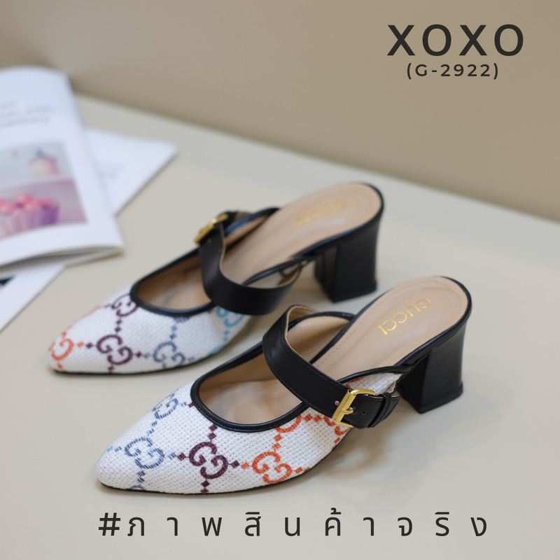 Gucci รองเท้างานสวม ผ้าทวีส สกรีนแบรนด์ สวย หรู ดูแพงเกินราคาจร้า ด้านหน้าคาดเข็มขัด ส้นแท่งตัน ใส่สบาย ไม่เมื่อย แมทส์ชุดง่าย น้ำหนักเบา