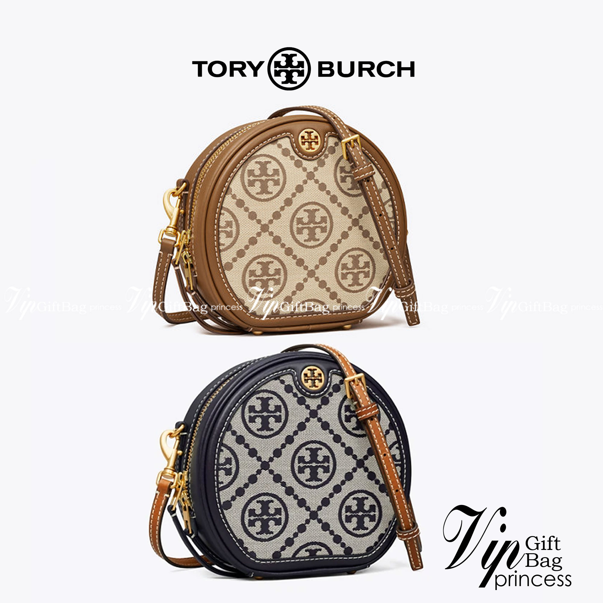 TORY BURCH T MONOGRAM JACQUARD CIRCLE BAG ((Large size)) พร้อมส่งที่ไทย สวยก่อนใครที่นี่! กระเป๋าจาก Tory burch รุ่นนี้มาในสไตล์ทรงวงกลม สุดคลาสสิค ดูคล่องตัวมากขึ้น วัสดุJacquardทอลายแบรนด์+ขอบหนังแท้ ได้ลงตัวสวยงามอยู่เหมือนเดิมค่ะ