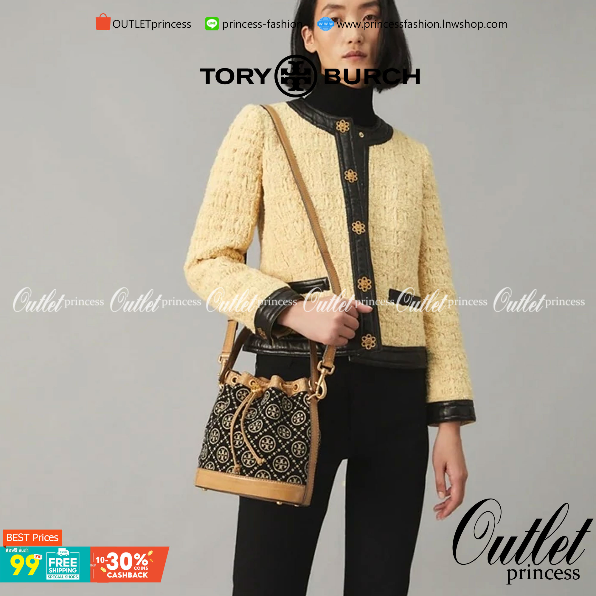 OUTTLET 】Tory burch T Monogram Chenille Bucket Bag เปิดตัวอีกหนึ่งรุ่นกับกระเป๋าลาย T MONOGRAM รุ่นใหม่ล่าสุดจาก TORY BURCH พลาดไม่ได้กับโลโก้สุดคลาสสิก ลวดลาย T Monogram คือวัสดุ chenille หรือที่เรียกว่า ด้านไหมกำมะหยี่ มารังสรรค์ลงบนกระเป๋าBucketใบนี้ เ