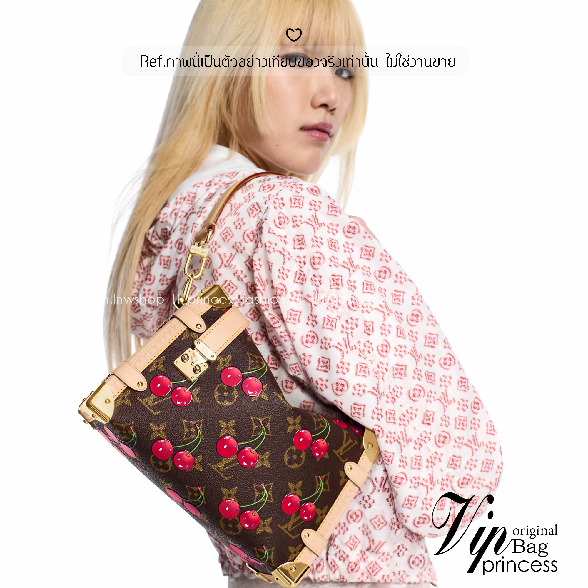 ORI หนังแท้ | LV x TM - Side Trunk MM Bag Monogram cherry canvas กระเป๋าสะพายทรงทรังค์ สะท้อนจิตวิญญาณแห่งความสนุกสนาน แสนมีชีวิตชีวา ด้วยตกแต่งลายเชอร์รี่สดใสงดงามอันเป็นเอกลักษณ์ของศิลปินชาวญี่ปุ่น