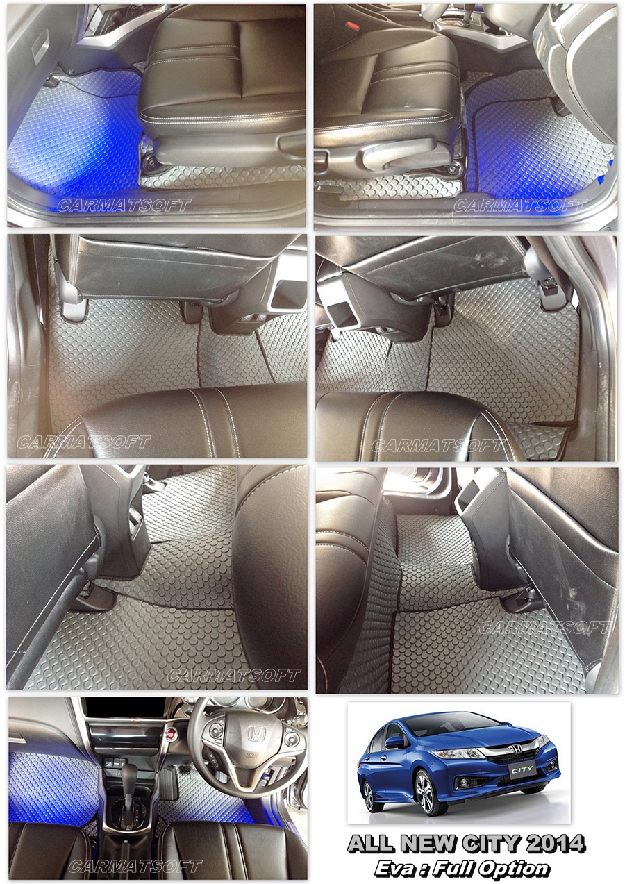 ผ้ายางปูพื้นรถยนต์ HONDA CITY 2014-19 ลายกระดุม สีเทาขอบดำ เต็มคัน