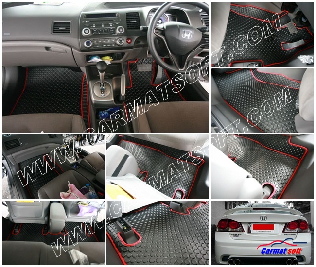 พรมปูพื้นรถยนต์ CIVIC FD ลายกระดุม สีดำขอบแดง เต็มคัน เข้ารูป 6ชิ้น