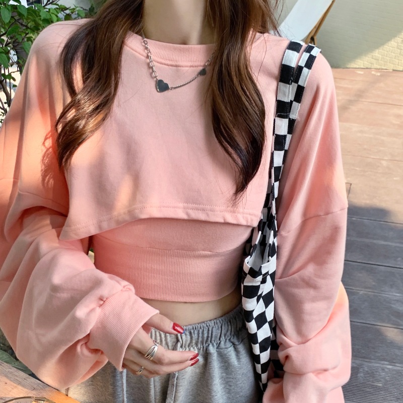 พร้อมส่ง 🐰 Simsim set เสื้อแขนยาวทรงครอป สายเดี่ยวสีพื้นสุดเก๋ (เซต 2 ชิ้น) (IN36402)