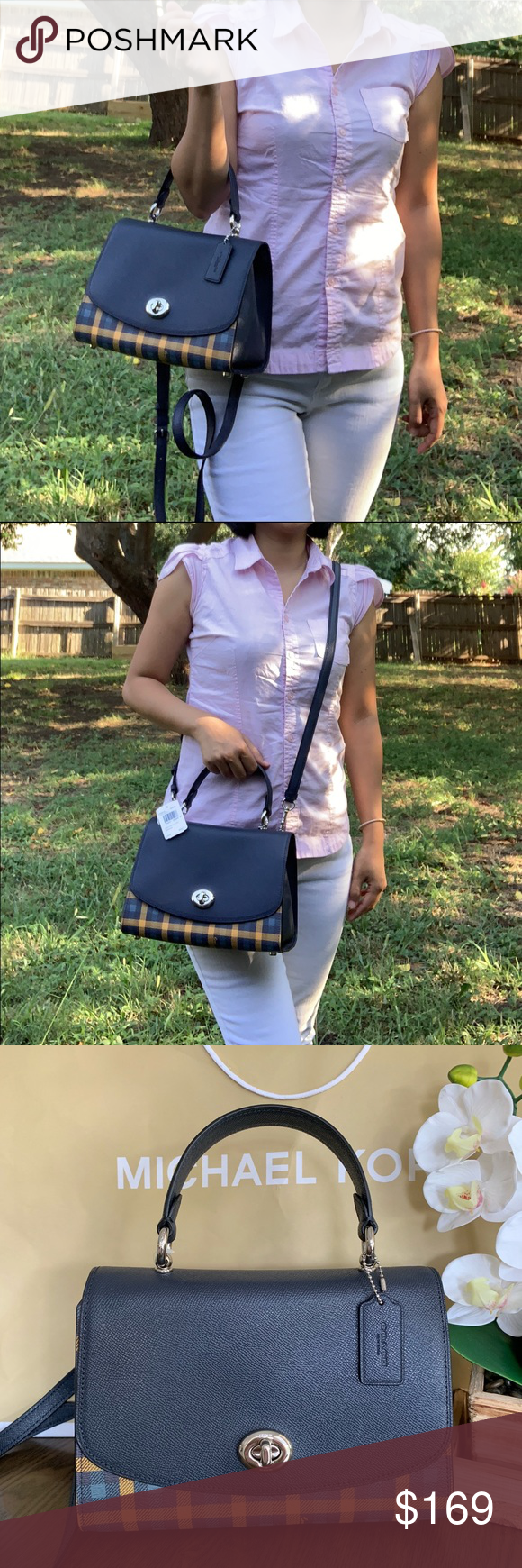 COACH TILLY TOP HANDLE SATCHEL WITH GINGHAM PRINT (COACH F76615) BROWN PINK MULTI/GOLD