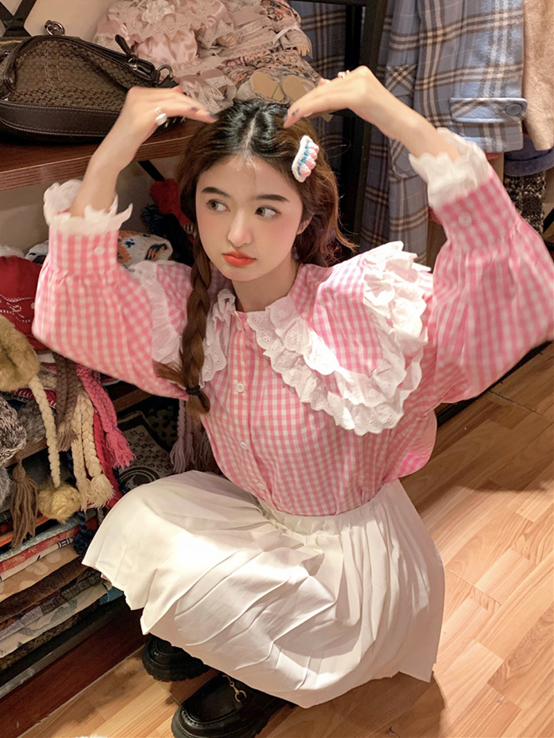พร้อมส่ง 🧧 Sweet pink tops เสื้อแขนยาวผ้าลายตารางสีชมพูหวานน่ารัก (IN36899)
