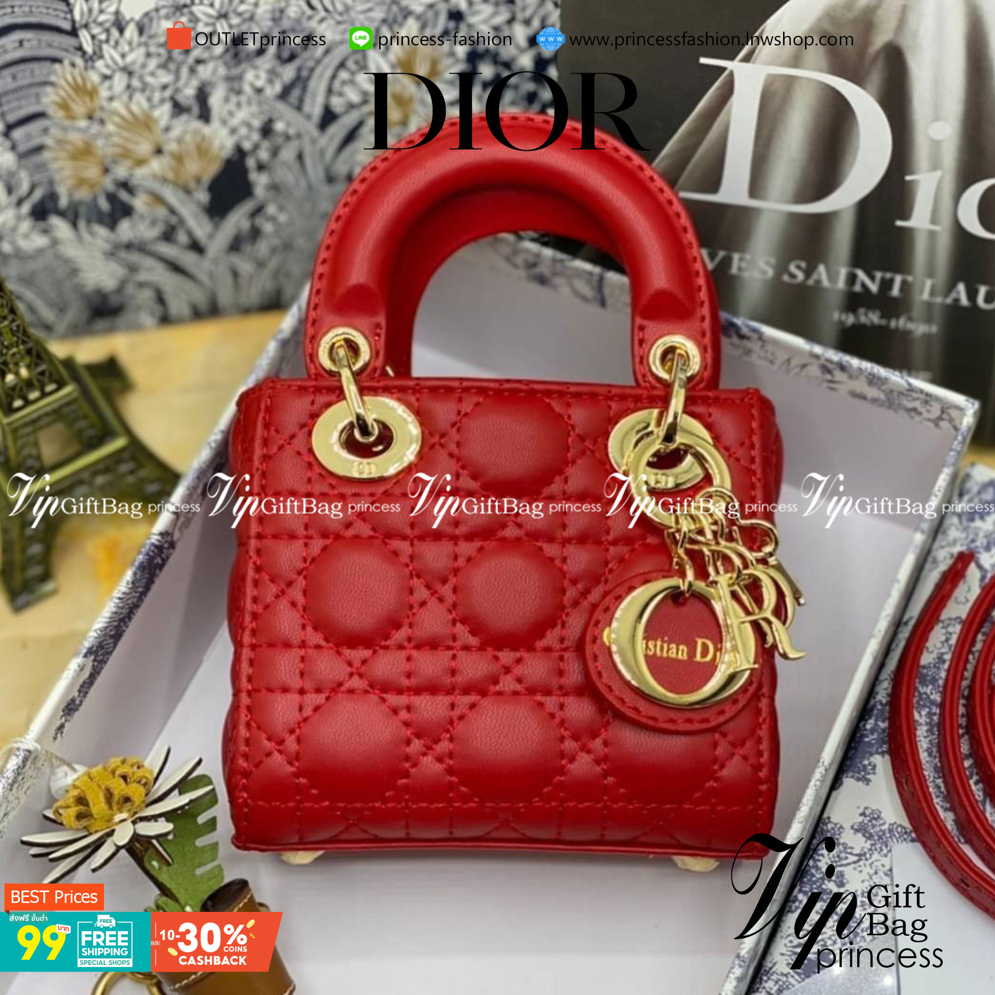 VIP 】หนังแท้ CHRISTIAN DIOR MICRO LADY DIOR BAG Cannage Lambskin