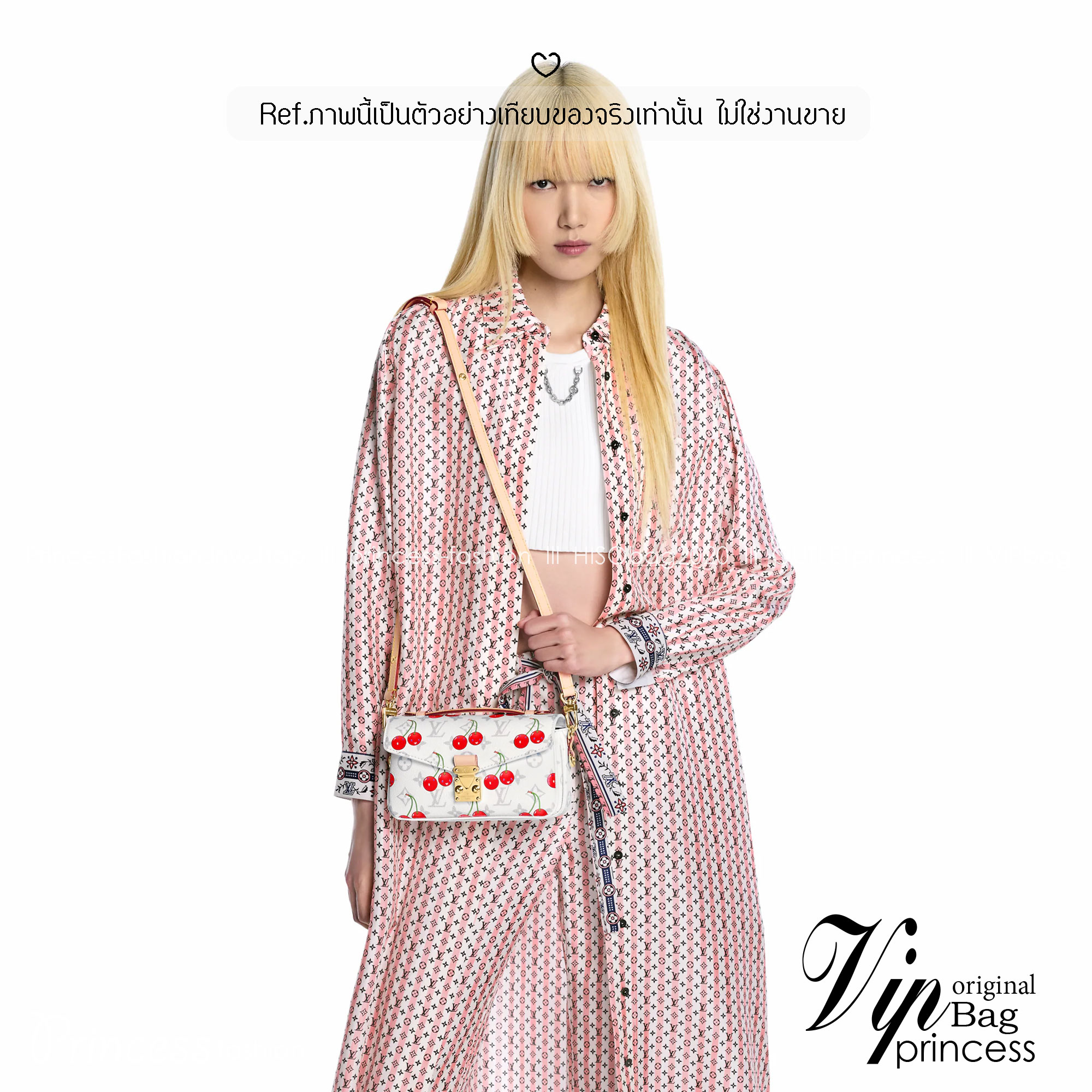 ORI หนังแท้ | LV x TM Pochette Métis East West Monogram cherry canvas กระเป๋าสะพาย ดีไซน์ใหม่โทนสีขาวในเฉดสีฤดูร้อนซึ่งตัดกับลวดลายเชอร์รี่สดใสที่ได้รับแรงบันดาลใจจากศิลปินชาวญี่ปุ่นได้อย่างสง่างาม