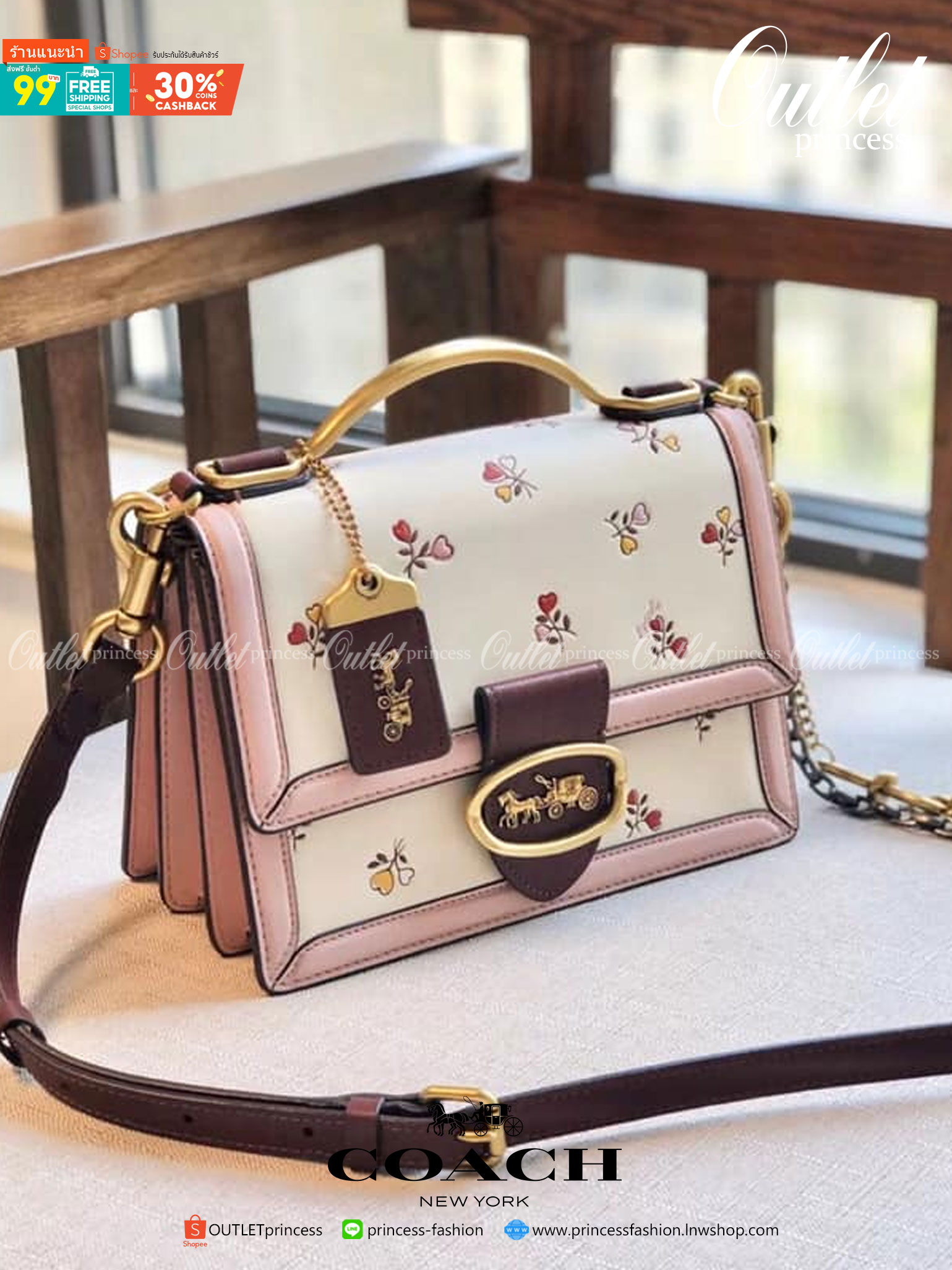COACH RILEY TOP HANDLE 22 WITH HEART FLORAL PRINT กระเป๋าสะพายข้างดีไซน์คุณหนู เรียบหรู วัสดุหนัง glovetanned ทนทาน สวยอยู่ทรง เปิด-ปิดด้วยกระดุมแม่เหล็ก ภายในมีช่องแยกให้เยอะ สายสะพายน่ารักน่าใช้ ถอดออกได้ ตอบโจทย์สายหวานแน่นอนค่ารุ่นนี้