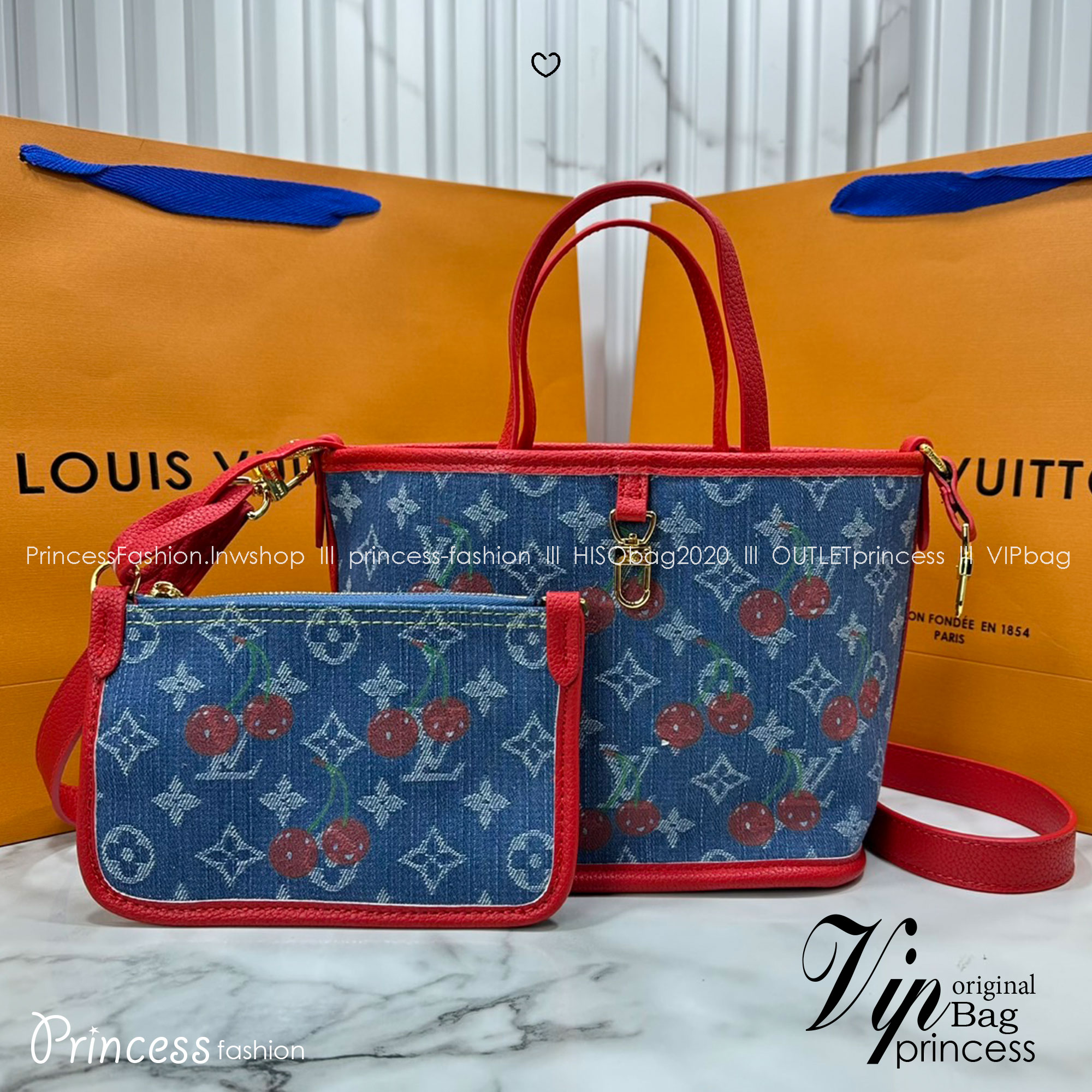 ORI หนังแท้ | LV x TM - Neverfull Inside Out BB Bag Monogram cherry denim กระเป๋าสะพายทรงโท้ทใบเล็ก ไอเท็มโดดเด่นมีชีวิตชีวา เดนิมปักลายเชอร์รี่สีสันสดใสสะดุดตาสะท้อนสไตล์ไอคอนิกของศิลปินชาวญี่ปุ่น