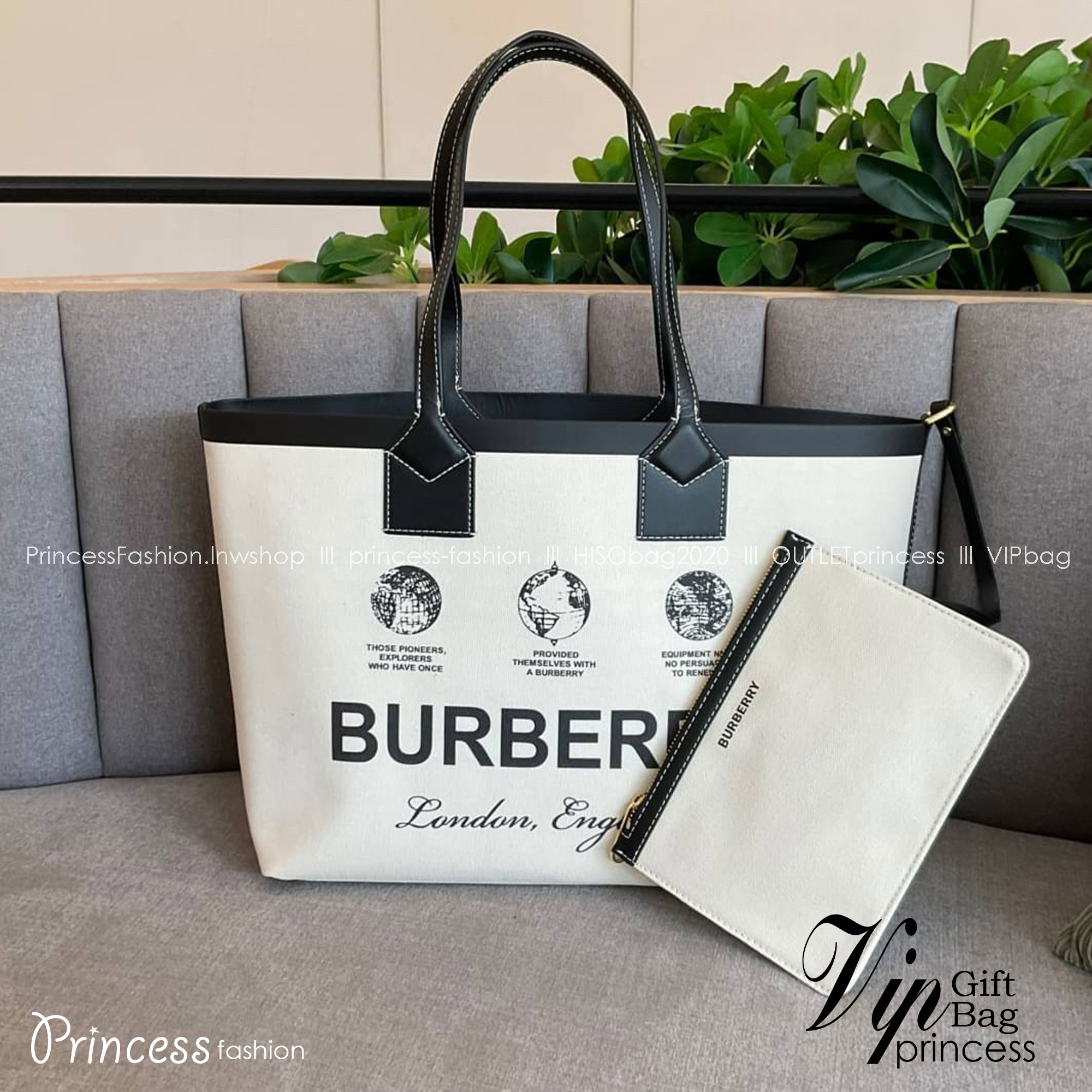 Burberry Tote Bag / Burberry Label Print Large London Tote Bag In Crema / BURBERRY LARGE LONDON TOTE BAG IN WHITE กระเป๋าสะพายไหล่ทรงช้อปปิ้ง ทรงคลาสสิค ฮิตตลอดกาล ตัวกระเป๋าวัสดุหนังผ้าแคนวาส ตัดหนัง
