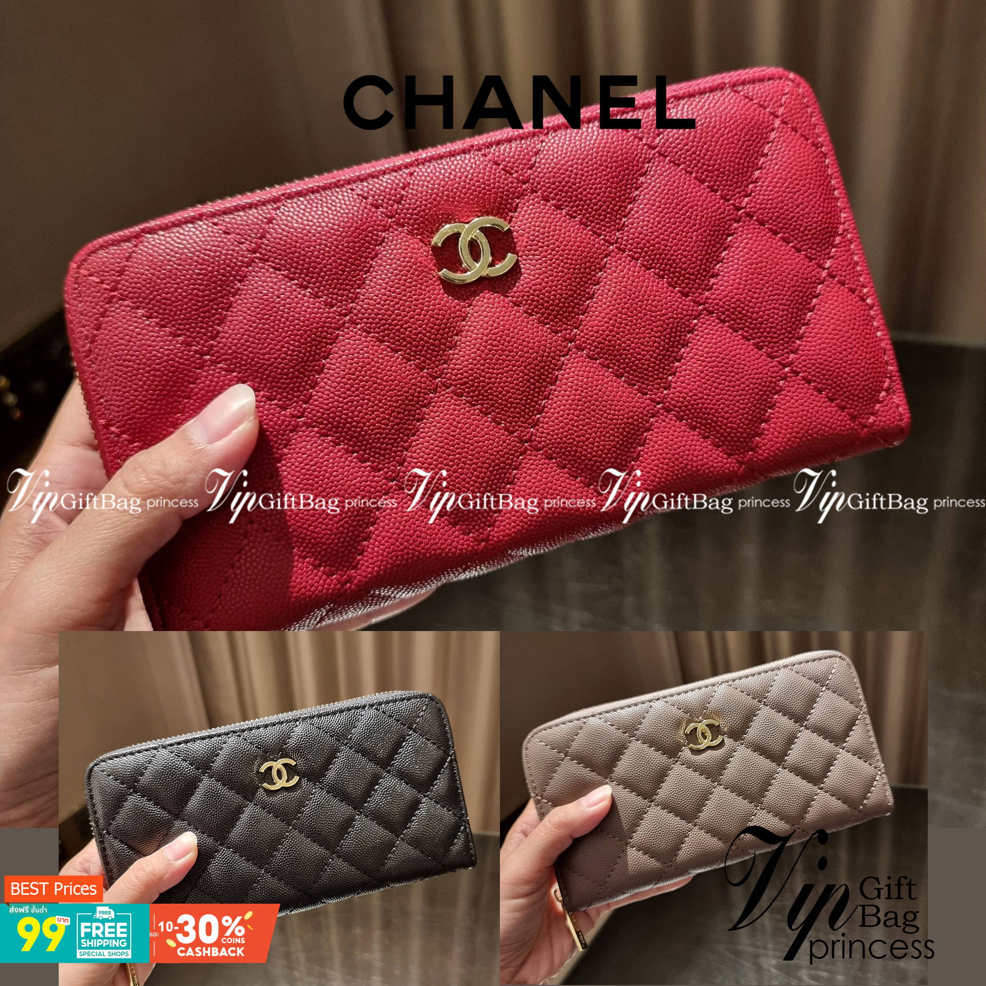 VIP 】กระเป๋าสตางค์ใบยาวรุ่นซิปรอบ สวยรับทรัพย์จาก Chanel วัสดุหนังลายคาร์เวีย ใช้แล้วขับผิวสุดๆ เปิด-ปิดด้วยซิปรูดรอบใบ ใช้งานง่าย ภายในกระเป๋ามีช่องใส่บัตรได้ ใส่ธนบัตรหรือเหรียญได้ มีช่องซิปแยกอีกหนึ่งช่อง ดีไซน์เรียบหรูแบบนี้ สาวๆห้ามพลาดกันน้า!! ซื้อใ