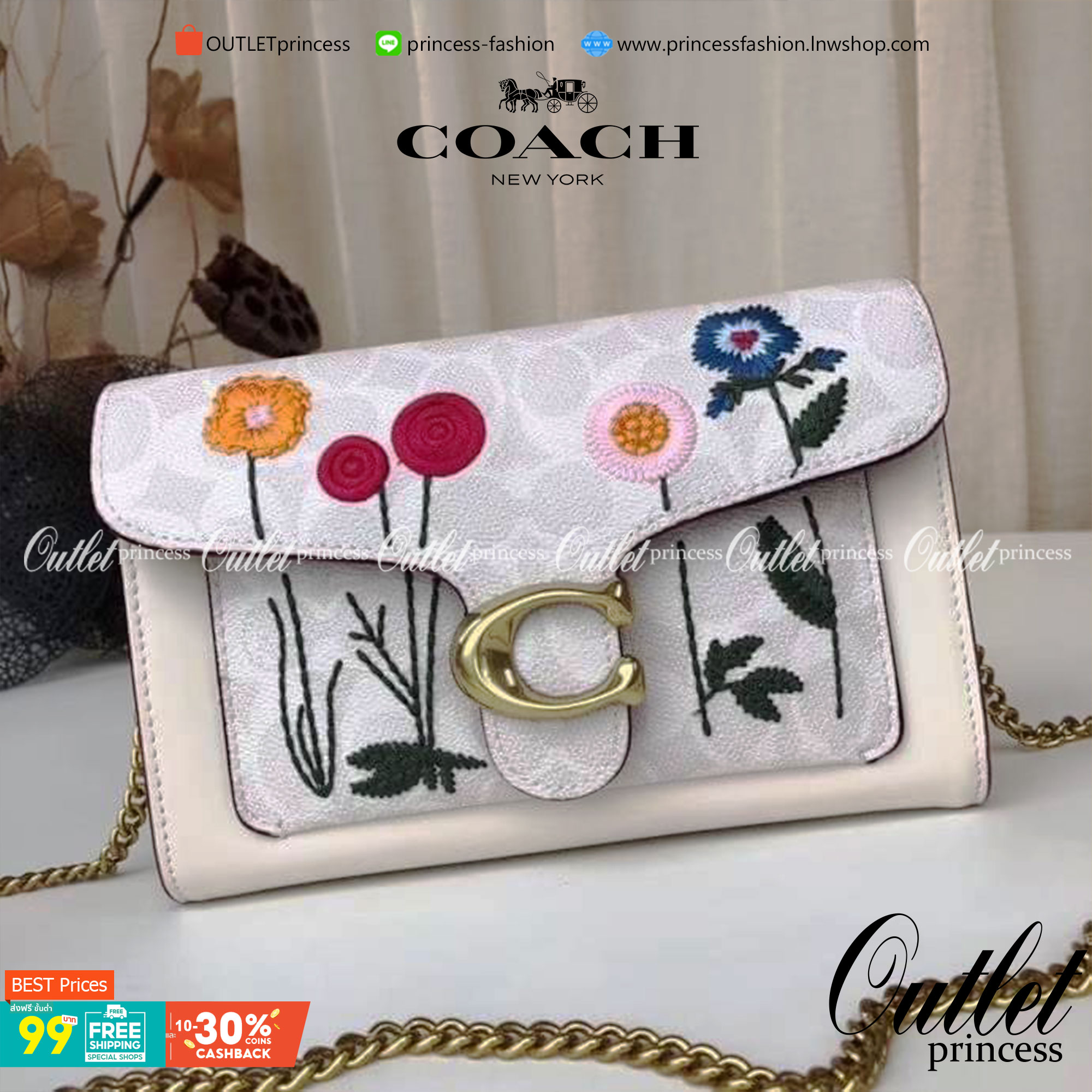 COACH Tabby Chain Clutch In Signature Canvas With Floral Embroidery C806 กระเป๋าสะพายข้าง หรือถือแบบคลัทเก๋ๆออกงานได้เลยค่ะ วัสดุหนังแท้ หนังนิ่มมือ บอกเลยต้องหลงรักแน่ๆค่ะ💕 คอลเลคชั่นปังๆ มาพร้อมเสิร์ฟจ้า ดีไซน์ปักลายดอกไม้ สีสันสดใส เปิดปิดกระเป