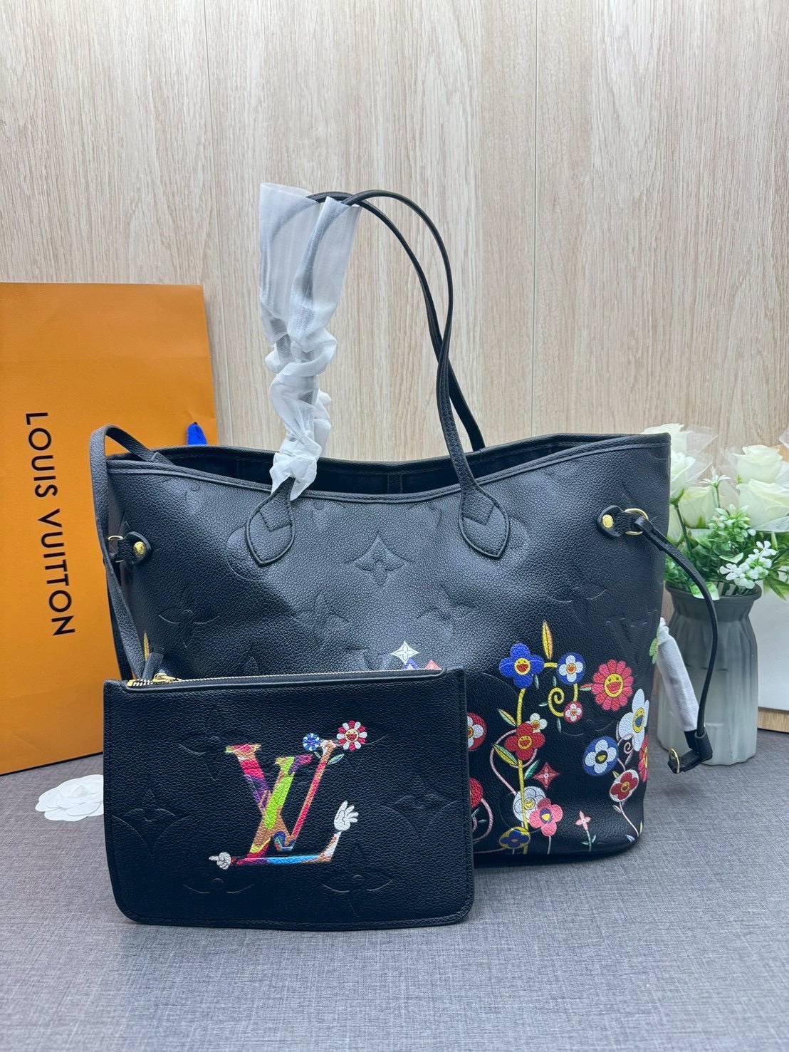 ORI หนังแท้ | LV x TM Neverfull MM Monogram Flower motifs colorful Black / LV Tote Bag กระเป๋าสะพายทรงโท้ทใบใหญ่ ลายดอกไม้หลากสีสดใส