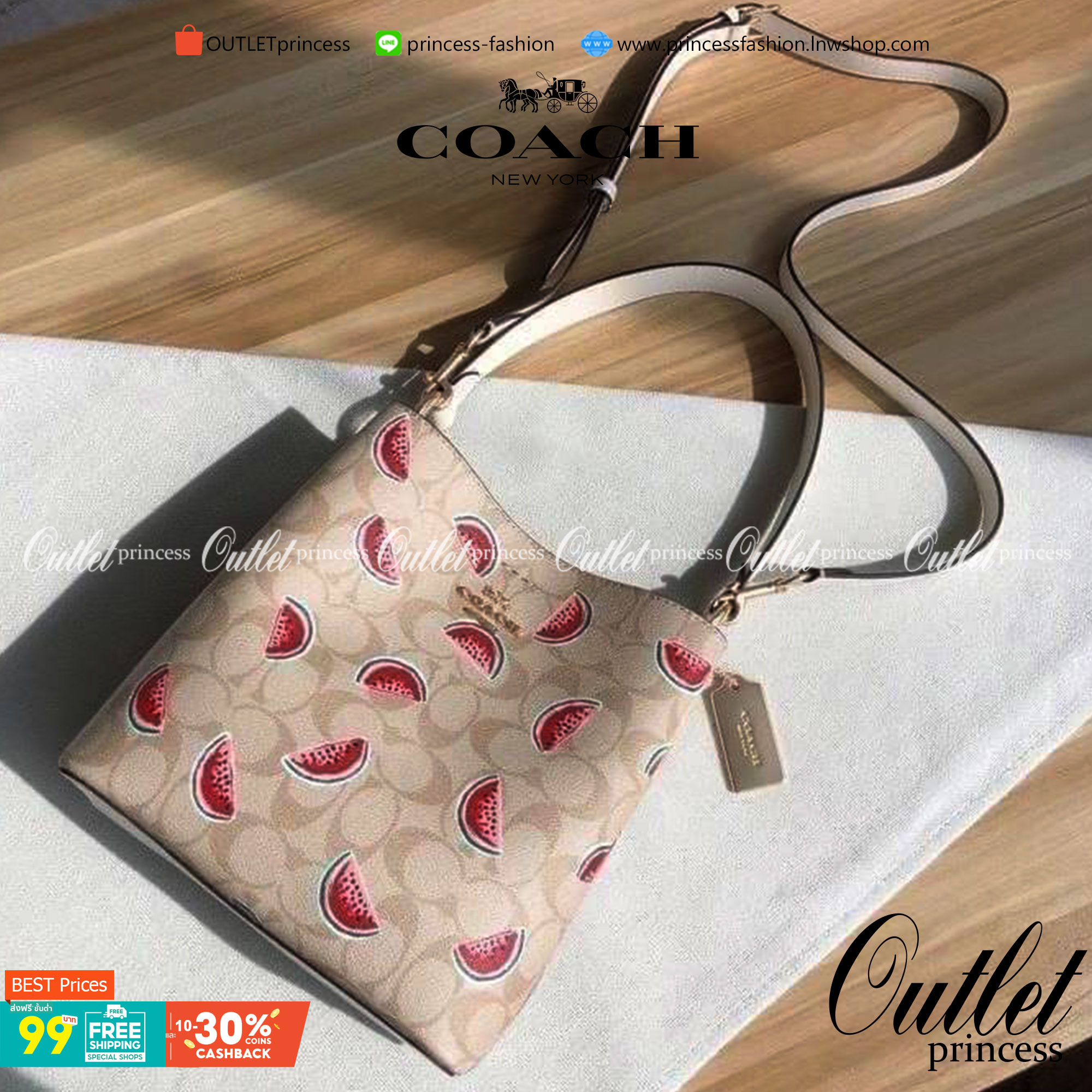 OUTTLET 】COACH SMALL TOWN BUCKET BAG IN SIGNATURE CANVAS WITH WATERMELON PRINT