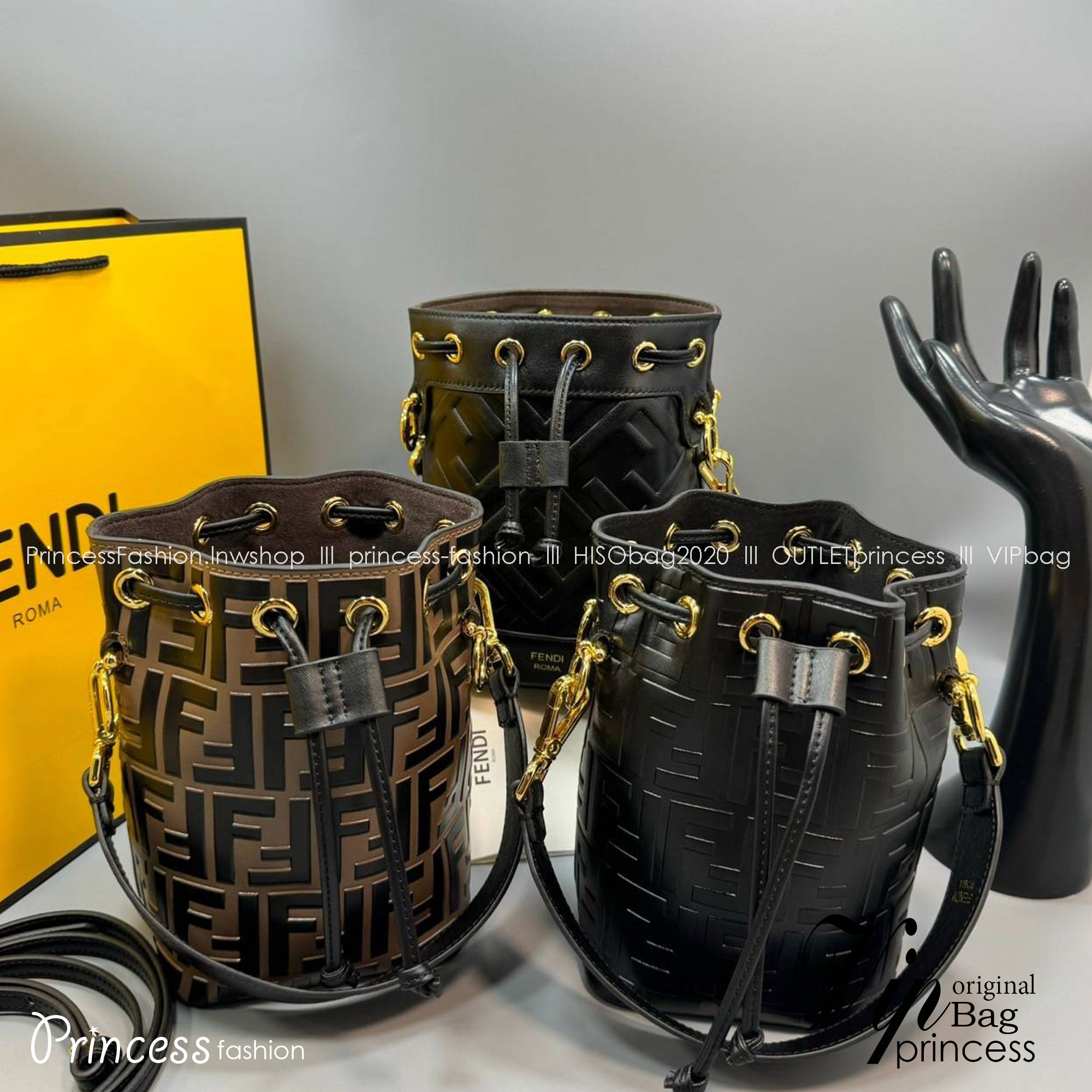 พร้อมส่ง 3 สี FENDI Mon Tresor Black leather mini-bag / FENDI Bucket Bag กระเป๋าสะพายทรงบัคเก็ตงานหนังเต็มใบ ไซส์มินิ เกรดออริ สลับแท้ 1:1