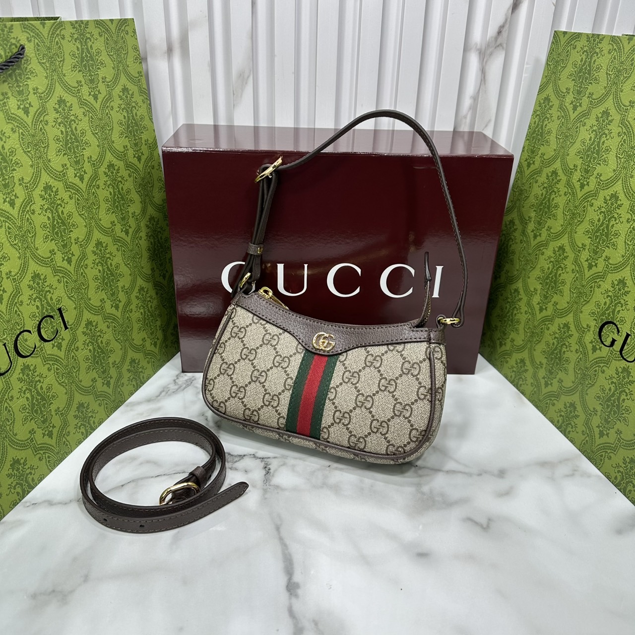 8" ORI หนังแท้ | Gucci Ophidia mini shoulder bag GG Monogram Double G / Gucci Hobo Bag กระเป๋าสะพายทรงโฮโบขนาดมินิ