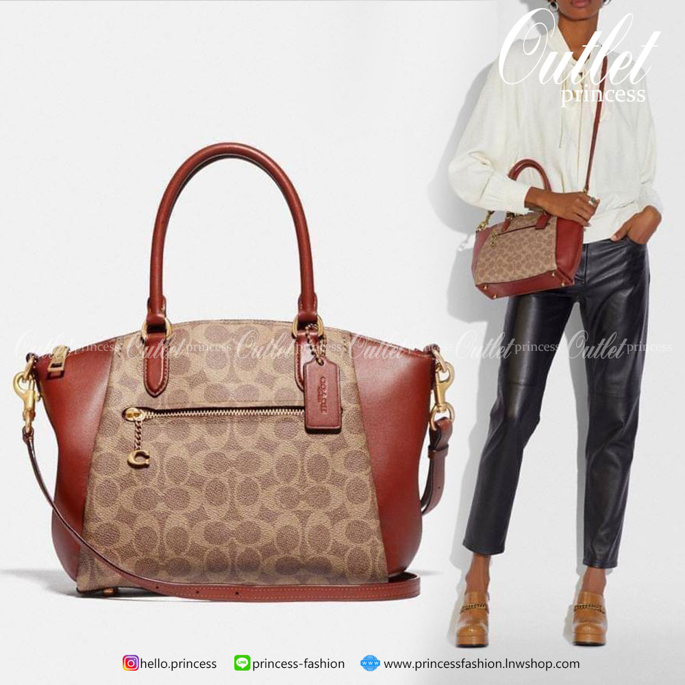 Coach Elise Satchel In Signature Canvas Product Details Signature coated canvas and refined calf leather Inside zip and snap pockets Zip-top closure, fabric lining Handles with 4 1/2" drop Outside zip pocket