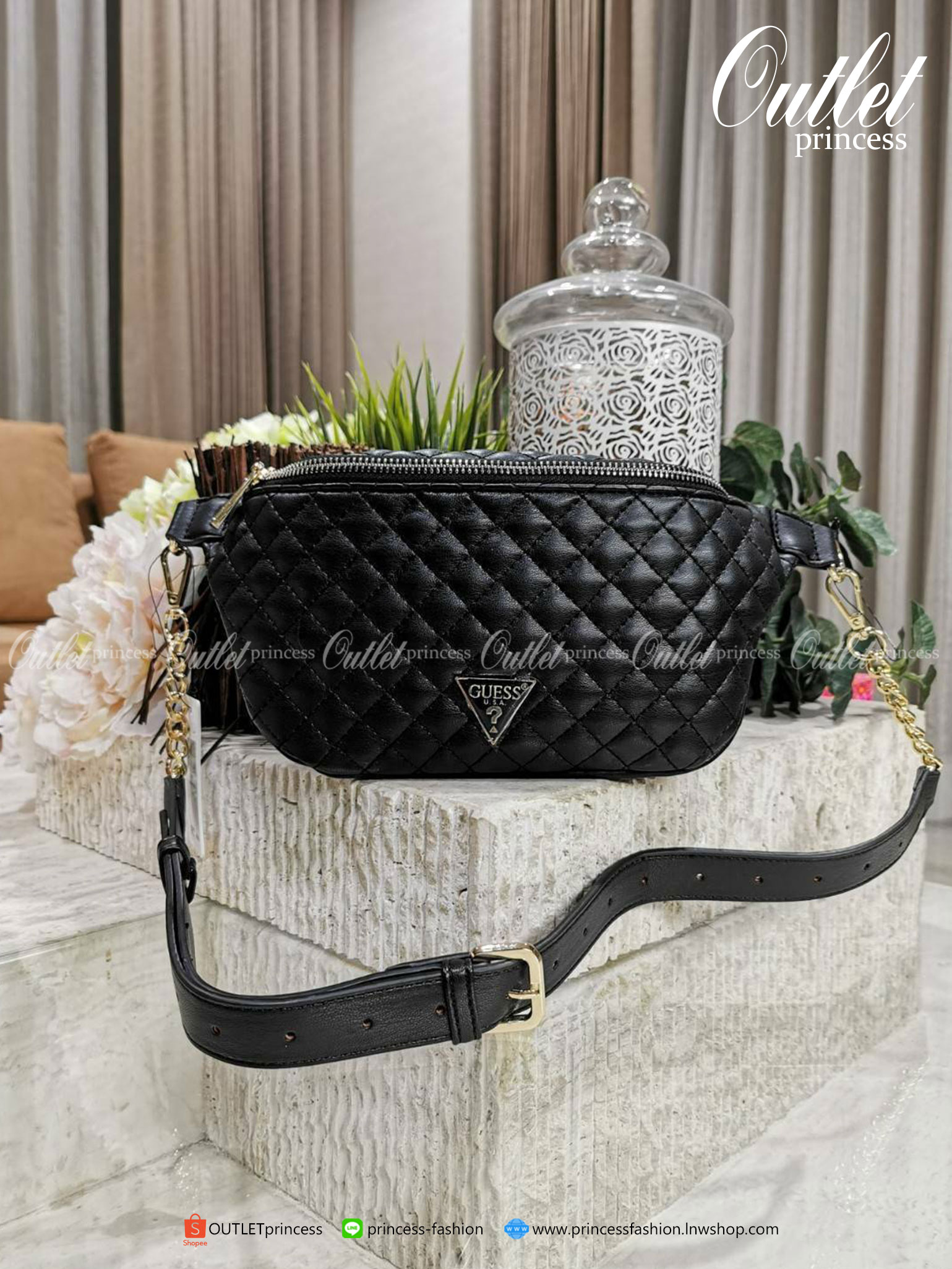 Guess Woman Factory Belt Bag กระเป๋าสะพาย/คาดเอว/คาดอก รุ่นใหม่ดีไซน์ยอดนิยม สีดำ