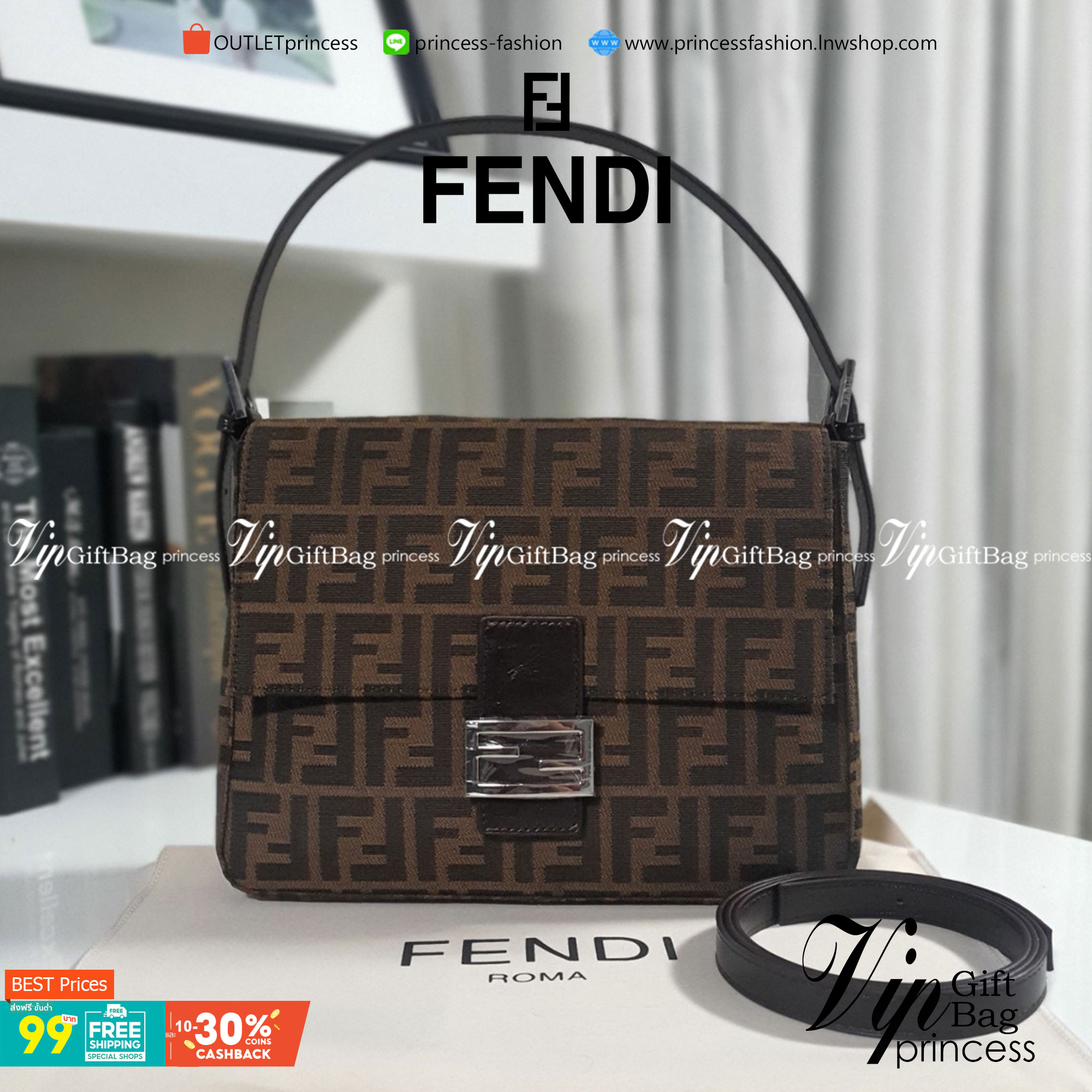 FENDI MAMMA BAGUETTE ZUCCA BROWN FABRIC BAG (GWP) พรีเมี่ยมกิ๊ฟ Limited Edition จาก FENDI วัสดุ CANVAS พิมพ์ลายแบรนด์ เปิดปิดด้วยฝาปิดกระดุมแม่เหล็ก ภายในมีช่องซิป ใส่ของแยกอีกช่อง สามารถใส่กระเป๋าสตางค์ยาว iphone เงิน ของจุกจิกได้ มาพร้อมสายสะพาย2แบบ ถอด