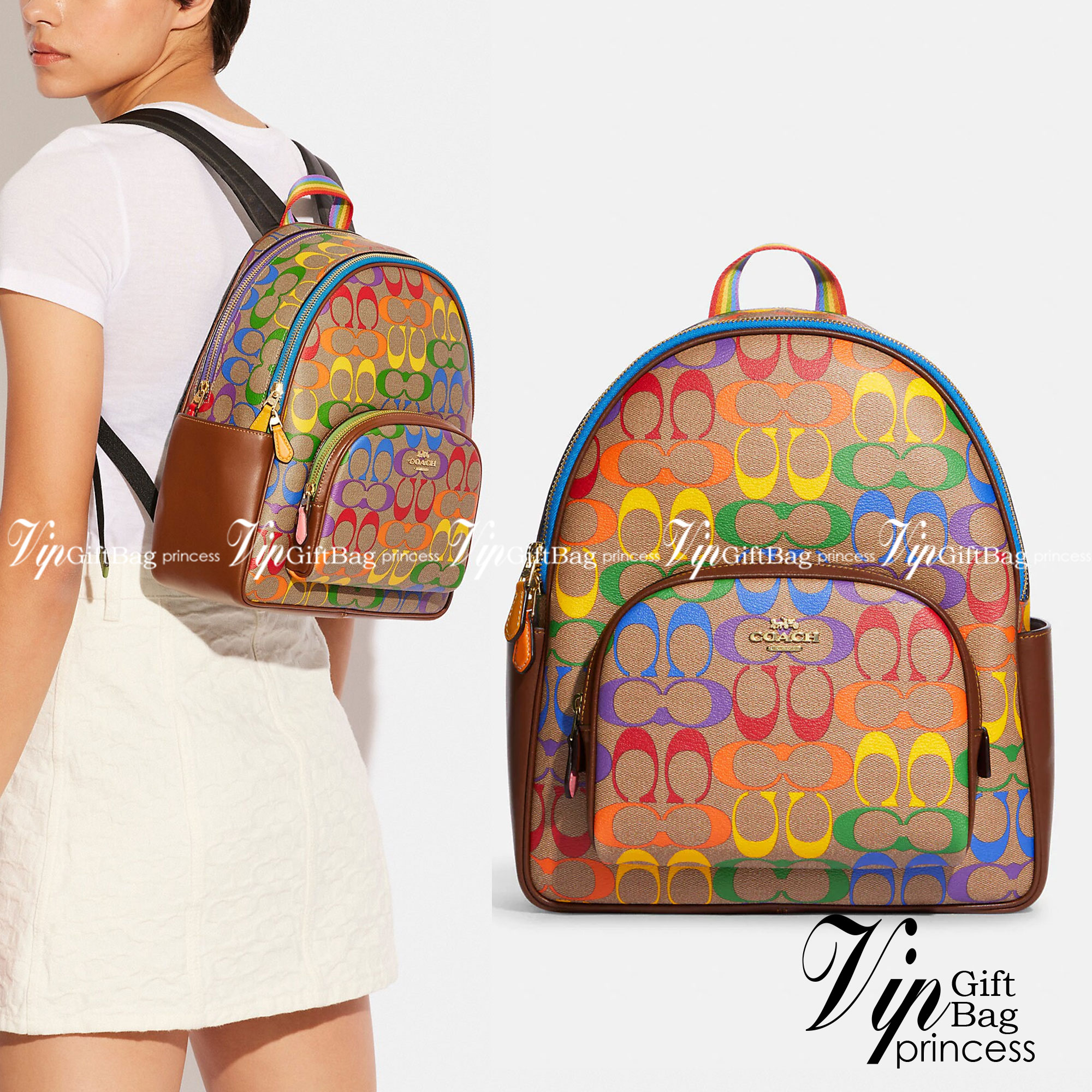 Coach Court Backpack In Rainbow Signature Canvas CA140 กระเป๋าเป้ต้องมาแล้ว ช่วงส่งท้ายปี เทศกาลที่ใครๆก็ไปเที่ยว ใบนี้ตอบโจทย์แน่นอน โดดเด่นด้วยลวดลายสีรุ้ง วัสดุหนังแคนวาส มีช่องซิปให้เลือกใส่ได้มากมาย แย่งสัดส่วนไว้เป็นอย่างดี ด้านหลังบุนวมซอฟท์หลังเวล