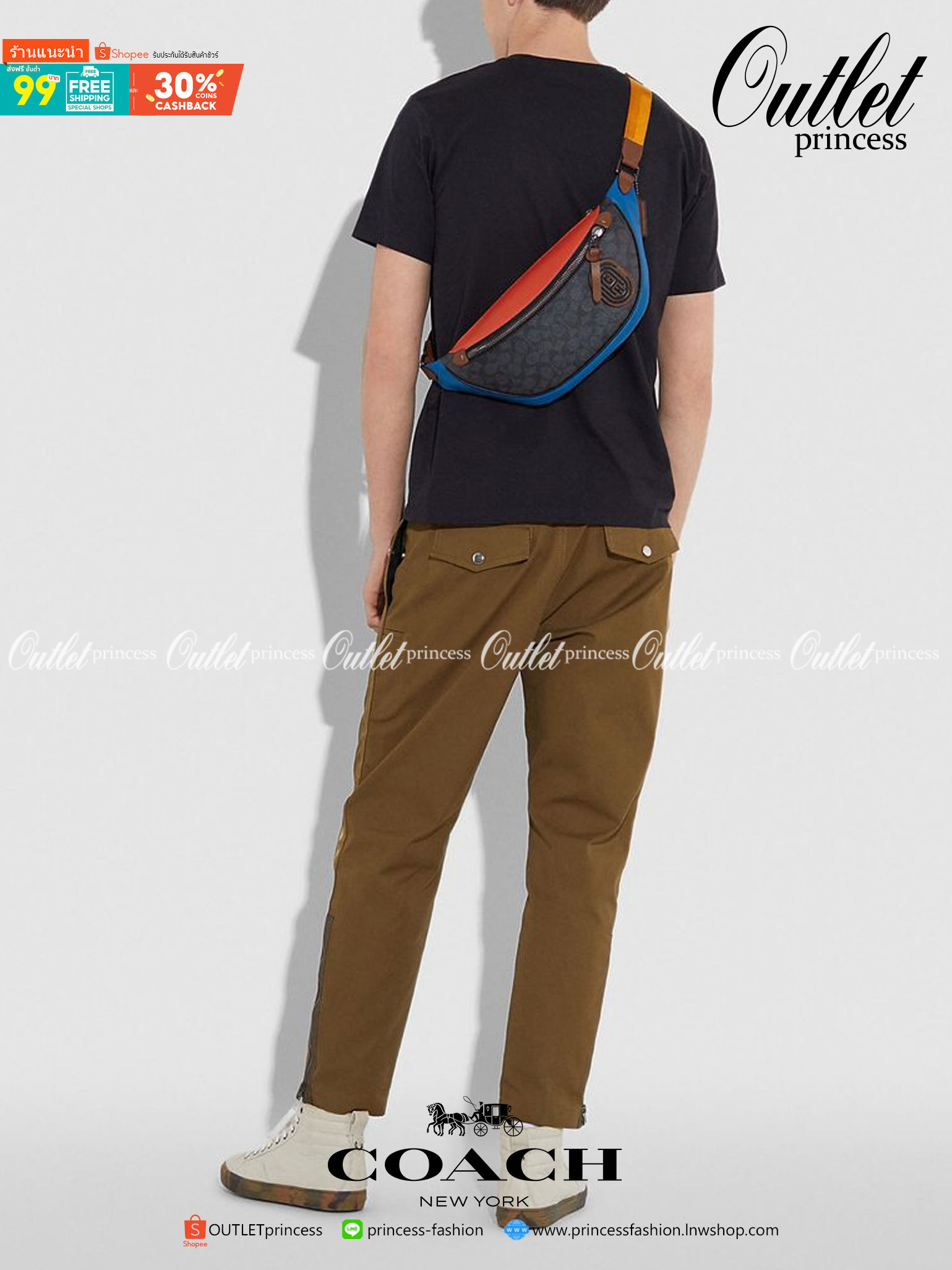 OUTTLET 】COACH RIVINGTON BELT BAG IN COLORBLOCK SIGNATURE CANVAS WITH COACH PATCH (962) รุ่นใบใหญ่จุใจ ใช้ได้ทั้งชายหญิง