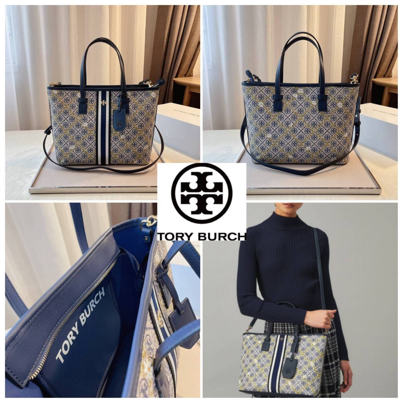 OUTLET ของแท้ 💯% TORY BURCH T MONOGRAM FLORAL VINE SMALL TOP-ZIP TOTE BAG คอลเลคชั่นรุ่นยอดนิยม กระเป๋าช้อปปิ้งเดซี่ล่าสุด ทรงใบใหญ่ ทรงสวยคลาสสิค มีดีไซน์เก๋โดดเด่นลายทางตรงกลาง ตัวกระเป๋าลงลายโซ่ คาดด้วยลายฟลอรัลสีเหลือง เพิ่มความน่ารัก สวยหรูมา