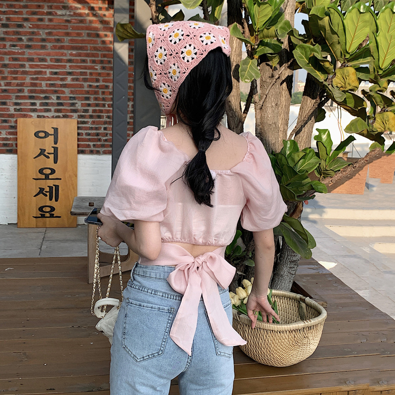 พร้อมส่ง 🧂🥡 Shawty blouse เสื้อสีชมพูแต่งโบว์หลัง (IN37339)